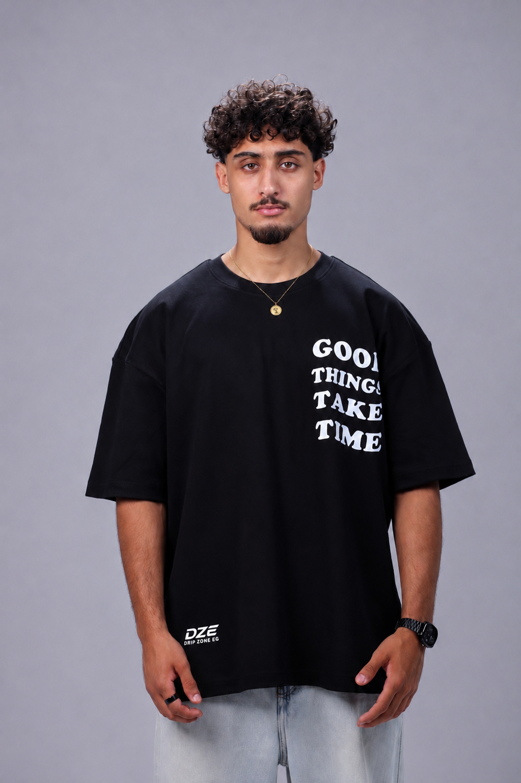 oversized heavyweight cotton T-shirt with "Good Things Take Time" front print and floral graphic on the back