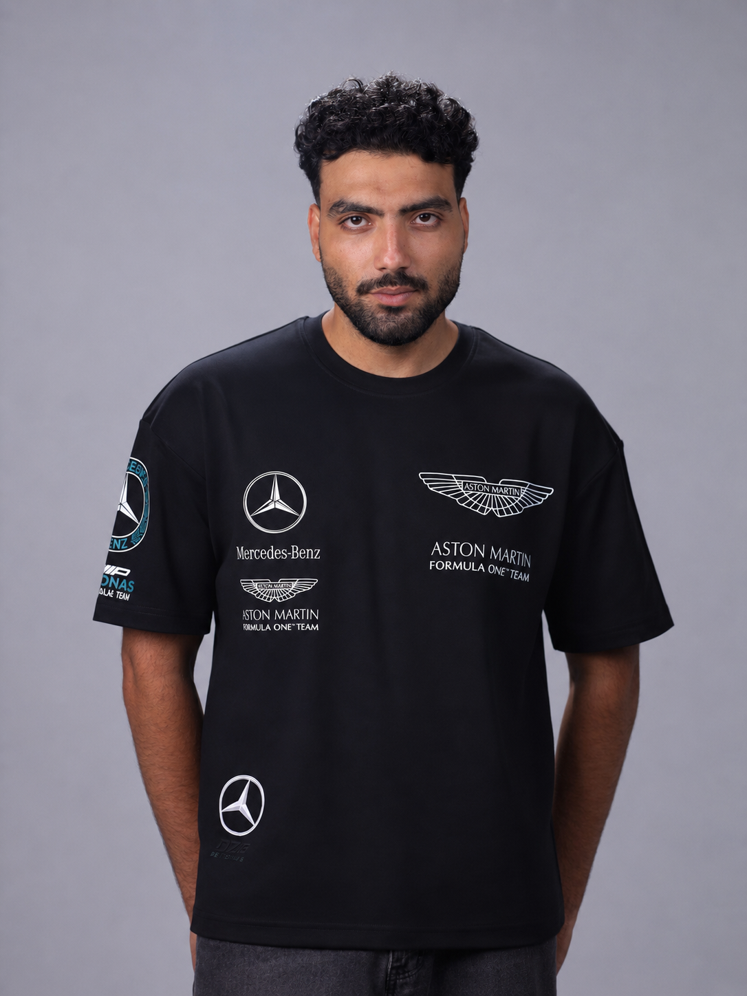 oversized Mercedes-Benz Formula Team T-shirt featuring motorsport graphics on the front and back.