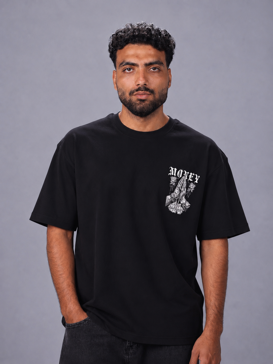 Prosper oversized heavyweight cotton T-shirt featuring the Prosper graphic with praying hands and money-inspired artwork