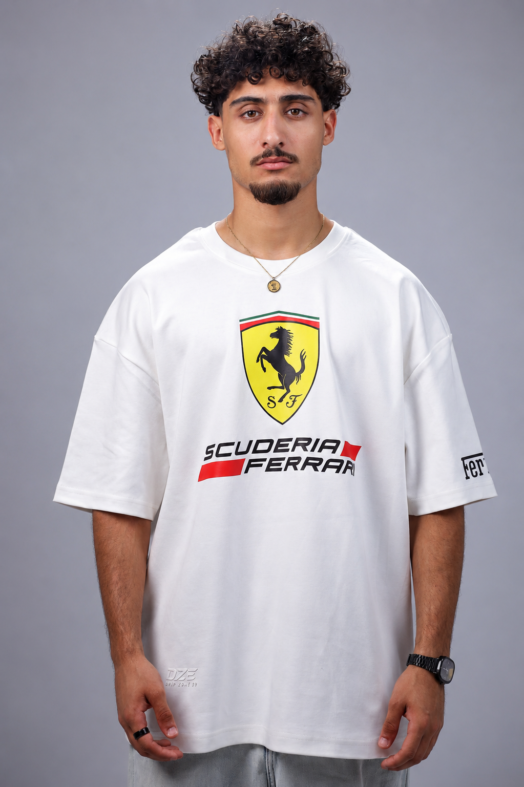 Scuderia Ferrari oversized white heavyweight cotton T-shirt featuring authentic Ferrari graphics.